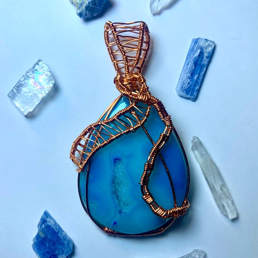 Blue Onyx Druzy Copper Wrapped Pendant-Handcrafted, NWT